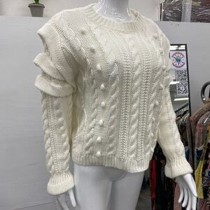 En Creme Cream Cable Knit Sweater with Ruffle Detail